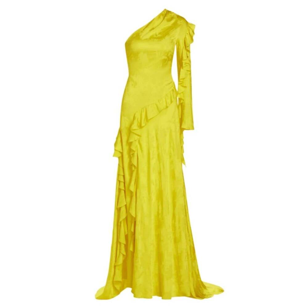 ALEJANDRA ALONSO ROJAS - One Shoulder Yellow Silk Ruffle Dress - US 4